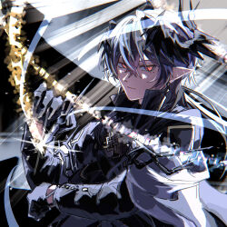 1boy arknights black_gloves black_hair black_jacket closed_mouth commentary expressionless gloves hair_between_eyes high_collar highres holding jacket logos_(arknights) long_hair long_sleeves looking_at_viewer magic male_focus moa_(user_ndzt7288) mole mole_under_eye multicolored_hair pointy_ears purple_hair red_eyes solo streaked_hair upper_body