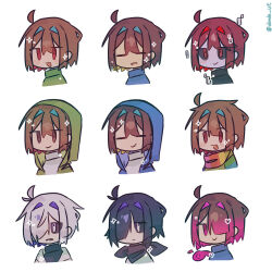 1girl 2boys 6+others :3 :d ahoge akumu_(glitchtale) antenna_hair bandana bete_noire black_bandana black_sclera black_sweater blue_jacket blue_sweater bob_cut brothers brown_hair chara_(undertale) chibi chibi_only closed_eyes closed_mouth colored_sclera colored_skin commentary_request cropped_shoulders dande_lion2604 frisk_(undertale) glitchtale gradient_hair green_jacket green_sweater grey_skin hair_intakes hair_over_one_eye heart highres hood hood_up hooded_jacket jacket jitome looking_ahead multicolored_hair multiple_boys multiple_others multiple_persona no_pupils one_eye_covered open_clothes open_jacket open_mouth pink_eyes pink_hair player_(underplayer) red_eyes scarf shirt short_hair siblings simple_background smile sparkle storyshift storyswap striped_clothes striped_scarf sweater turtleneck turtleneck_sweater twitter_username two-tone_hair underplayer undertale white_background white_eyes white_shirt white_sweater xtale
