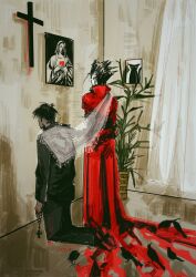 Rule 34 | 2boys, beads, bird, black cat, black feathers, black hair, blood, cat, cross, crow, curtains, dark-skinned male, dark skin, feathers, heart, highres, indoors, j0a nna, long coat, male focus, multiple boys, nicholas d. wolfwood, plant, potted plant, prayer beads, rosary, torn clothes, trigun, trigun maximum, vash the stampede, veil