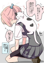 1girl bike_shorts cat_on_person collared_shirt commentary_request dress_shirt from_behind grey_skirt grey_vest kantai_collection pink_hair ponytail r-king school_uniform shiranui_(kancolle) shirt short_hair shorts shorts_under_skirt sitting skirt translation_request vest wariza white_shirt