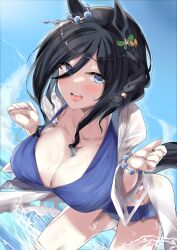 1girl absurdres animal_ears bikini black_hair blue_bikini blue_eyes blue_sky blush breasts cleavage commentary_request cowboy_shot ear_ornament eishin_flash_(reines_plaetschern)_(umamusume) eishin_flash_(umamusume) frilled_bikini frills hair_between_eyes halterneck highres horse_ears horse_girl horse_tail jewelry large_breasts leaning_forward looking_at_viewer medium_hair nagisa_(imizogami) navel ocean official_alternate_costume official_alternate_hairstyle open_mouth outdoors reaching reaching_towards_viewer sky smile solo swept_bangs swimsuit tail umamusume wading wavy_hair