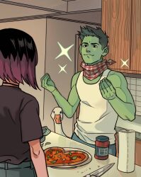 Rule 34 | 1boy, 1girl, beast boy (dc), bird, black eyes, colored skin, couple, dc comics, duck, food, gabriel picolo, gabriel picolo (artist), green hair, green skin, happy, heart, knife, paper, pizza, pointy ears, purple hair, raven (dc), smile, teen titans