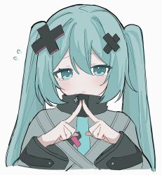 Rule 34 | 1girl, aqua eyes, aqua hair, aqua nails, aqua necktie, closed mouth, coat, commentary, cropped torso, dot nose, grey coat, hair between eyes, hair ornament, hands up, hatsune miku, high collar, highres, index fingers together, kowareta sekai to utaenai miku, light blush, long hair, long sleeves, looking at viewer, necktie, project sekai, sad, sidelocks, simple background, solo, symbol-only commentary, tearing up, twintails, upper body, utaenai miku, vocaloid, white background, wide sleeves, x hair ornament, yukia 1128