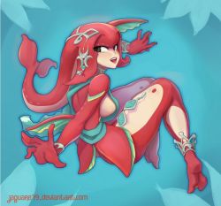 1girl breasts fins fish_tail jaguare19 looking_at_viewer looking_back mipha monster_girl nintendo open_mouth sideboob smile solo tail the_legend_of_zelda the_legend_of_zelda:_breath_of_the_wild zora