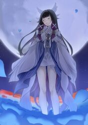 1girl absurdres angel_wings black_hair blue_flower blue_petals blunt_bangs blunt_tresses bow closed_eyes closed_mouth columbina_(genshin_impact) crescent_ornament dress facing_to_the_side falling_petals feathered_wings field flower flower_field from_below full_moon genshin_impact hair_ribbon head_wings highres long_hair moon naruse_azusa night night_sky petals purple_hair red_lips ribbon sky solo standing star_(sky) starry_sky tress_ribbon very_long_hair white_bow white_dress white_ribbon white_wings wings