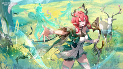 1girl absurdres bare_shoulders black_choker blue_sky book breasts choker ciaccona_(wuthering_waves) commentary day dress english_commentary frilled_wrist_cuffs frills green_eyes green_jacket highres holding holding_book holding_microphone jacket large_breasts logo medium_hair microphone official_art open_mouth outdoors parted_lips pointy_ears reading red_hair skipping sky smile tacet_mark_(wuthering_waves) thighs tree_horns water white_dress white_wrist_cuffs wrist_cuffs wuthering_waves