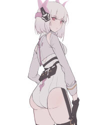 Rule 34 | 1girl, absurdres, accessories, ass, bodysuit, from behind, gloves, highres, liv: lux (pgr), liv (pgr), looking back, pink eyes, punishing: gray raven, skin tight, thighs, white hair, xtears kitsune