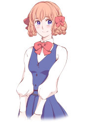 1girl ace_wo_nerae! blue_eyes blush bow brown_hair curly_hair female_focus hair_bow hanabusa_rei long_sleeves pink_hair puffy_sleeves shirt short_hair smile solo touge_hiro vest white_background