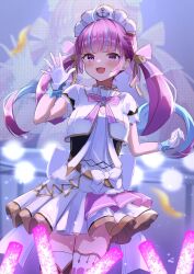 1girl absurdres ahoge anchor_print aqua_hair asymmetrical_legwear blush bow bowtie braid breasts chino0803 colored_inner_hair curly_hair gloves glowstick hair_ribbon highres hololive long_hair maid_headdress minato_aqua multicolored_hair open_mouth pink_bow pink_bowtie pink_eyes pink_hair pink_ribbon ribbon shirt short_sleeves smile solo_focus stage streaked_hair thighhighs thighs twintails two-tone_hair virtual_youtuber white_bow white_gloves white_shirt white_thighhighs