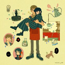 ! ... 1boy 1girl 1other addams_family apron arm_around_back arm_around_neck artist_name birthday_cake black_hair black_nails blue_eyes braid brown_hair brown_shirt cake carrying cellphone collared_shirt corded_phone couple cup disembodied_hand food full_body grey_eyes heart helen_jee hetero highres holding holding_phone jacket kettle long_hair long_skirt milk_carton multiple_views nail_polish open_mouth parted_lips phone princess_carry red_apron scar scar_on_hand shirt shoes short_hair skirt smile sneakers sparkle spoken_ellipsis spoken_exclamation_mark spoken_heart striped_clothes striped_jacket striped_skirt suit_jacket teacup thing_(addams_family) tip_jar twin_braids tyler_galpin upper_body wednesday_(netflix) wednesday_addams white_shirt