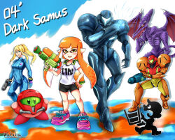 1boy 2girls 3others alien arm_cannon bike_shorts blonde_hair blue_bodysuit blue_eyes bodysuit bracelet breasts collarbone covered_navel dark_samus dual_persona energy_gun eyelashes flat_chest full_body gun hair_between_eyes height_difference high_ponytail highres holding holding_gun holding_weapon inkling_girl inkling_player_character jewelry kirby large_breasts legs long_hair looking_at_another looking_at_viewer metroid mole mole_under_mouth monster mr._game_&amp;_watch multiple_girls multiple_others neck nervous nintendo open_mouth paralyzer pointy_ears ponytail power_suit print_bodysuit ridley samus_aran shoes sidelocks size_difference skin_tight sneakers super_smash_bros. sweatdrop swept_bangs tentacle_hair thighs turtleneck turtleneck_bodysuit wakaba_(wata_ridley) weapon zero_suit