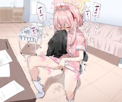 Rule 34 | 1girl, bar censor, bare legs, blue archive, blush, boots, censored, closed eyes, commentary request, dress, female masturbation, fingering, ga-chan (kokonattusoul), halo, hat, highres, indoors, infirmary, masturbation, no pants, nurse cap, official alternate costume, on chair, pink dress, pink hair, serina (blue archive), serina (nurse) (blue archive), short sleeves, sitting, smelling, smelling clothes, solo, speech bubble, spread legs, translation request, white boots