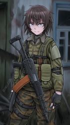 1girl absurdres aek-971 armor bolt_(hardware) brown_eyes brown_hair camouflage dagger elbow_pads fingerless_gloves gloves highres holding knife load_bearing_vest looking_at_viewer military original short_hair solo stalker_(game) weapon zap-nik