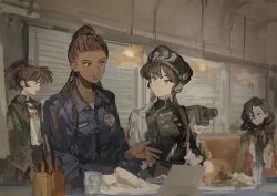 5girls :t an-an_lee beret black_dress black_hair black_hat black_neckerchief blue_shirt brown_coat burger cape coat coat_on_shoulders cornrows dark-skinned_female dark_skin dress food green_jacket hair_bun hat highres indoors jacket ketchup_bottle liang_yue_(reverse:1999) loggerhead_(reverse:1999) long_hair looking_at_another low_twintails medium_hair movie_camera multiple_girls mustard_bottle muted_color neckerchief noire_(reverse:1999) object_head poitier_(reverse:1999) police police_uniform policewoman ponytail red_shirt restaurant reverse:1999 sandwich shirt side_cape suna_(sunasuna_3) twintails vest white_cape white_shirt white_vest yellow_eyes