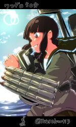 Rule 34 | 1girl, adapted turret, black hair, blue sky, blunt bangs, braid, brown eyes, cloud, commentary request, day, green sailor collar, green serafuku, green shirt, grin, hair ribbon, highres, kantai collection, kitakami (kancolle), kitakami kai (kancolle), long hair, long sleeves, mochisaka mitsuki, one-hour drawing challenge, outdoors, ribbon, sailor collar, sailor shirt, school uniform, serafuku, shirt, single braid, sky, smile, solo, torpedo launcher, tress ribbon, upper body