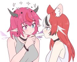 2girls animal_ears black_hair blue_eyes blush choker feeding food food_in_mouth hakos_baelz halo heterochromia holding holding_food holding_popsicle hololive hololive_english horns irys_(hololive) long_hair mouse_ears mouse_girl multicolored_hair multiple_girls pink_hair pointy_ears popsicle ramphastostella red_hair simple_background sleeveless streaked_hair virtual_youtuber white_background white_hair yuri