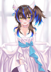 1girl absurdres alternate_costume animal_ears blue_bow blue_hair blush bow breasts brown_hair choker cleavage clothes_lift collarbone colored_inner_hair commentary_request cowboy_shot daitaku_helios_(umamusume) dress dress_lift ear_covers ear_ornament ear_piercing elbow_gloves facial_tattoo garter_straps gloves hair_between_eyes highres horse_ears horse_girl horse_tail lifting_own_clothes long_hair medium_breasts multicolored_hair open_mouth piercing side_ponytail sidelocks smile solo strapless strapless_dress streaked_hair tail tattoo thighhighs tsuyusora umamusume white_choker white_dress white_gloves white_thighhighs yellow_eyes