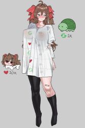 1girl absurdres alternate_breast_size arms_behind_back blush bow breasts brown_hair collarbone covered_erect_nipples cut-here_line doro_(nikke) embarrassed full_body highres huge_breasts indie_virtual_youtuber large_breasts like_and_retweet long_hair neuro-sama r-dragon see-through_clothes see-through_shirt shirt simple_background turtle twitter_cutting_game twitter_strip_game two_side_up vedal987 virtual_youtuber