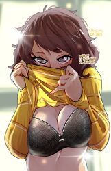 1girl absurdres artist_name black_bra blush bra breasts brown_eyes brown_hair clothes_lift commentary covering_own_mouth english_commentary floral_print haysey highres instagram_logo kawakami_sadayo large_breasts lifting_own_clothes looking_at_viewer paid_reward_available patreon_logo persona persona_5 shirt shirt_lift short_hair shy solo striped_clothes striped_shirt sweater tumblr_logo twitter_logo underwear yellow_sweater