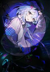 1boy :p arknights blue_hair closed_mouth commentary headphones headphones_around_neck highres male_focus mizuki_(arknights) pink_eyes short_hair short_hair_with_long_locks solo tongue tongue_out xing_(gloryxing)
