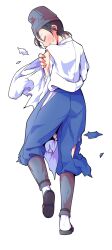 1boy black_hair black_hat black_sandals blue_pants blush closed_eyes dairi full_body hat highres holding_own_arm japanese_clothes kimono large_variant_set long_sleeves male_focus open_mouth pants profile sandals shingyoku_(male) shingyoku_(touhou) short_hair simple_background solo standing standing_on_one_leg sweatdrop tachi-e tate_eboshi torn_clothes torn_pants touhou touhou_(pc-98) transparent_background variant_set white_kimono