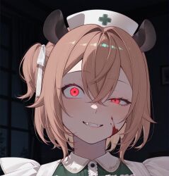 1girl alternate_eye_color animal_ears blood brown_hair close-up commentary contrast_collar cross crossed_bangs dress english_commentary evil_grin evil_smile fangs green_dress grin hair_between_eyes hair_intakes hair_ribbon half-closed_eye hat highres horror_(theme) indie_virtual_youtuber indoors looking_at_viewer medium_hair night nimi_nightmare nurse nurse_cap one_side_up portrait raliele_(terenazal) red_eyes ribbon rounded_collar shaded_face sidelighting smile solo tapir tapir_ears tapir_girl teeth virtual_youtuber white_ribbon
