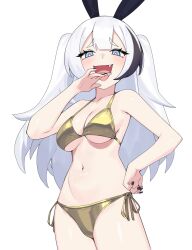 1girl :d animal_ear_hairband animal_ears armpit_crease bikini black_nails black_streaks blue_eyes blush breasts cleavage collarbone commentary cowboy_shot dasdokter double-parted_bangs english_commentary fake_animal_ears fang gold_bikini hairband halterneck hand_to_own_mouth hand_up highres large_breasts long_hair looking_at_viewer multicolored_hair navel ojou-sama_pose open_mouth original rabbit_ear_hairband rabbit_ears sally_sinclair second-party_source side-tie_bikini_bottom simple_background smile solo streaked_hair swimsuit white_background white_hair