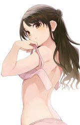 1girl bra brown_eyes brown_hair fingernails from_behind hiroki_(yyqw7151) idolmaster idolmaster_cinderella_girls idolmaster_cinderella_girls_starlight_stage open_bra panties pink_bra pink_panties shimamura_uzuki simple_background standing underwear underwear_only undone_bra undressing unfastened white_background