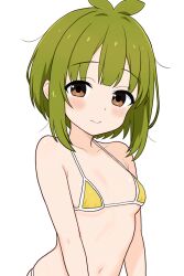 1girl armpit_crease bare_arms bare_shoulders bashame_meme bikini breasts brown_eyes closed_mouth collarbone green_hair highres light_blush looking_at_viewer navel pmvoid shikanoko_nokonoko_koshitantan short_hair simple_background small_breasts solo string_bikini swimsuit upper_body white_background white_trim yellow_bikini