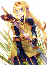 Rule 34 | 1girl, alice zuberg, belt, black gloves, black thighhighs, braid, brown belt, closed mouth, commentary request, dress, gloves, hair between eyes, highres, holding, holding sheath, holding sword, holding weapon, is ii, juliet sleeves, long hair, long sleeves, looking at viewer, puffy sleeves, sheath, simple background, single braid, sleeves past wrists, smile, solo, sword, sword art online, sword art online: alicization, sword art online the movie: ordinal scale, thighhighs, unsheathing, v-shaped eyebrows, very long hair, weapon, white background, yellow dress