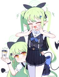 2girls black_ribbon black_skirt blue_archive blue_bow blue_bowtie bow bowtie breasts closed_eyes commentary demon_girl demon_tail ear_piercing green_hair green_halo grey_vest hair_ornament hair_ribbon halo highres hikari_(blue_archive) long_hair multiple_girls nozomi_(blue_archive) pantyhose piercing pointy_ears ribbon shirt simple_background skirt small_breasts sseopik tail ticket twintails very_long_hair vest white_background white_pantyhose white_shirt yellow_eyes
