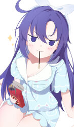 1girl absurdres animal_print blue_archive blue_pajamas blue_shirt blue_shorts blush cat_print commentary empty_eyes food food_in_mouth fortysansan hairband highres holding holding_food long_hair mouth_hold pajamas purple_eyes purple_hair shirt shorts simple_background solo sparkle white_background white_hairband yuuka_(blue_archive) yuuka_(pajamas)_(blue_archive)