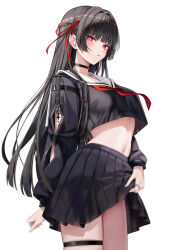 1girl arm_cutout black_choker black_hair black_serafuku black_shirt black_skirt blush breasts bright_pupils chisa_(wuthering_waves) choker clothes_lift commentary cowboy_shot crop_top hair_ribbon highres long_hair long_sleeves looking_at_viewer medium_breasts mole mole_under_eye navel neckerchief paid_reward_available parted_lips red_eyes red_neckerchief red_ribbon ribbon ru_zhai sailor_collar school_uniform serafuku shirt simple_background skirt skirt_lift solo stomach symbol-only_commentary tacet_mark_(wuthering_waves) thigh_strap thighs very_long_hair white_background white_pupils white_sailor_collar wuthering_waves
