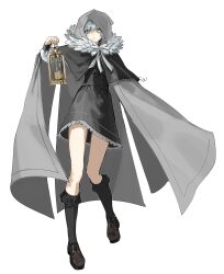 1girl absurdres birdcage black_capelet black_dress black_footwear black_sleeve_cuffs black_socks cage cape capelet cloak dress fate/grand_order fate_(series) full_body fur-trimmed_cape fur-trimmed_cloak fur_trim gray_(fate) grey_cloak grey_eyes grey_hair highres holding holding_cage hood hood_up hooded_cape hooded_cloak kneehighs long_sleeves lord_el-melloi_ii_case_files puffy_long_sleeves puffy_sleeves shirt simple_background sleeve_cuffs socks solo tokoni_fusu white_background white_shirt