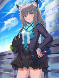 1girl absurdres animal_ear_fluff animal_ears bag black_bag black_gloves blazer blue_archive blue_eyes blue_jacket blue_necktie blue_scarf blush building can closed_mouth cloud cowboy_shot cross_hair_ornament drink_can extra_ears gloves green_gloves grey_skirt hair_ornament highres holding holding_can jacket long_sleeves medium_hair melreon mismatched_pupils necktie open_clothes open_jacket pepsi plaid_clothes plaid_skirt pleated_skirt railing scarf school_bag school_uniform shiroko_(blue_archive) shirt shirt_tucked_in single_glove skirt sky soda_can solo striped_clothes striped_scarf two-tone_gloves white_shirt wolf_ears