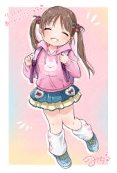 1girl ^_^ animal_print backpack bag blue_shoes blue_skirt blush border bow brown_hair child closed_eyes clothes_writing commentary_request commission food-themed_hair_ornament full_body gradient_background grin hair_bobbles hair_ornament hairclip happy heart heisei_retro highres hood hood_down hoodie jojifuku leg_warmers long_hair original outline pink_hoodie pleated_skirt rabbit_print shoes signature sinasia skeb_commission skirt smile sneakers solo standing strawberry_hair_ornament translation_request twintails two-tone_skirt white_border white_leg_warmers white_outline yellow_skirt