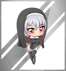 absurdres breasts chibi garter_belt highres large_breasts loreleth nun original red_eyes scar silver_hair smile solo thighhighs veil