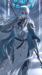 1boy absurdres aqua_cape armor belt black_pants black_sleeves blindfold blood blood_on_clothes blood_on_face braid cael_anselm cape closed_mouth covered_eyes cowboy_shot facing_viewer floating_hair gauntlets hair_between_eyes highres holding holding_weapon indoors long_bangs long_hair lovebrush_chronicles male_focus pants pauldrons shoulder_armor sidelighting solo straight-on three-quarter_sleeves tunic variant_set very_long_hair walking weapon weapon_on_back white_hair yydxueqing