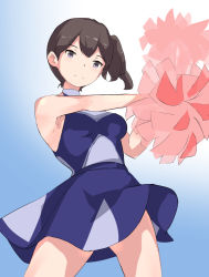 Rule 34 | 1girl, alternate costume, bare shoulders, blue background, breasts, brown hair, cheerleader, female focus, gradient background, kaga (kancolle), kantai collection, long hair, medium breasts, pom pom (cheerleading), purple eyes, side ponytail, simple background, solo, standing, yamaioni (sasakama)