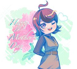 1girl ahoge blush english_text female_focus green_background highres mother&#039;s_day one_eye_closed open_mouth red_eyes solo_focus standing sumino_takumi&#039;s_mother teeth the_hundred_line_-last_defense_academy- upper_teeth_only white_background wink