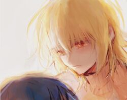 Rule 34 | 1boy, 1girl, athrun zala, blonde hair, blue hair, blush, cagalli yula athha, grey background, gundam, gundam seed, medium hair, she (morianosu), simple background, turtleneck, yellow eyes