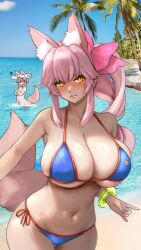 2girls absurdres animal_ear_fluff animal_ears bare_shoulders beach bikini blue_bikini blush bow bracelet breasts cleavage collarbone cosplay fate/grand_order fate_(series) fox_ears fox_girl fox_tail hair_between_eyes hair_bow hat highres jewelry koyanskaya_(fate) large_breasts long_hair looking_at_viewer multiple_girls navel nude palm_tree parted_lips pink_bow pink_hair ponytail raskasar shore sidelocks smile solo_focus sun_hat swimsuit tail tamamo_(fate) tamamo_no_mae_(swimsuit_lancer)_(fate) tamamo_no_mae_(swimsuit_lancer)_(fate)_(cosplay) tamamo_no_mae_(swimsuit_lancer)_(second_ascension)_(fate) thighs tree white_hat yellow_eyes