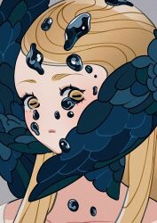 Rule 34 | 1girl, black feathers, black liquid, black tears, black wings, blonde hair, blue feathers, blue wings, brown eyes, commentary, cropped, english commentary, feathers, film grain, floating, floating liquid, floating tears, grey background, head wings, highres, horizontal pupils, liquid, long hair, meyoco, open mouth, original, portrait, shirt, short sleeves, simple background, solo, white shirt, wings