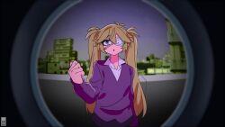 1girl :o arm_at_side black_skirt blonde_hair blue_eyes blurry blurry_background building city collared_shirt cosplay cowboy_shot day eyepatch hand_up highres indie_virtual_youtuber kasukabe_tsukushi kasukabe_tsukushi_(artist) knocking long_hair long_sleeves looking_up medical_eyepatch monitoring_(vocaloid) one_eye_covered open_mouth photo_background pov_peephole purple_sky purple_sweater school_uniform shirt skirt sky solo standing sweater twintails urban virtual_youtuber white_shirt