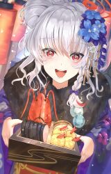 1girl absurdres blue_archive flower food fried_food hair_flower hair_ornament halo haruna_(blue_archive) highres holding holding_food osechi red_eyes sysen white_hair