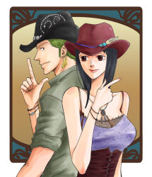 Rule 34 | 1boy, 1girl, alternate costume, bare shoulders, black hair, black hat, bracelet, brown eyes, closed mouth, commentary request, cowboy hat, earrings, green hair, green shirt, hat, hat ornament, jewelry, long hair, necklace, nico robin, one piece, roronoa zoro, shirt, short hair, short sleeves, single earring, sleeveless, smile, suexue