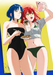 2girls absurdres bikini black_one-piece_swimsuit blue_hair bocchi_the_rock! breasts cellphone chinese_commentary chopsticks commentary_request cup eating food food_on_face highres holding holding_chopsticks holding_cup holding_phone kita_ikuyo long_hair medium_breasts multiple_girls navel one-piece_swimsuit one_side_up phone rainbow_hose red_hair selfie shirt short_hair smartphone sparkle stomach strapless strapless_one-piece_swimsuit swimsuit white_shirt yamada_ryo yellow_eyes