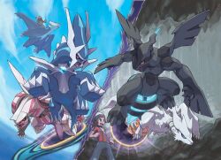 1boy 1girl absurdres artist_request blue_sky brendan_(pokemon) brown_hair cave claws cloud cloudy_sky day dialga fabled_cave flying gen_3_pokemon gen_4_pokemon gen_5_pokemon hair_ribbon hat highres latios legendary_pokemon legs_apart may_(pokemon) mega_latios mega_pokemon nintendo ocean official_art outdoors palkia pokemon pokemon_(creature) pokemon_oras portal_(object) red_ribbon reshiram ribbon riding riding_pokemon sharp_teeth short_sleeves sky standing teeth white_hat zekrom