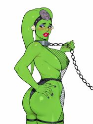 1girl alien black_nails black_panties collar demogoron eyeshadow fishnets highres leash makeup metal_collar nipples oola panties purple_eyeshadow red_lips simple_background star_wars twi&#039;lek underwear white_background