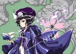 1other absurdres arrow_print black_hair book cherry_blossoms chinese_commentary clothing_cutout coattails collared_shirt commentary_request commission cowboy_shot eyelashes floating_clothes flower frilled_headwear green_background grey_eyes hat high_collar highres holding holding_book hood hood_down hooded_jacket jacket len&#039;en long_sleeves looking_at_viewer mob_cap open_book open_clothes open_jacket other_focus paper parted_lips pink_flower purple_hat purple_jacket purple_shirt sample_watermark shirt shitodo_kuroji short_hair shorts smirk solo stomach_cutout triangular_headpiece watermark white_shorts wide_sleeves xiangyun xiweng